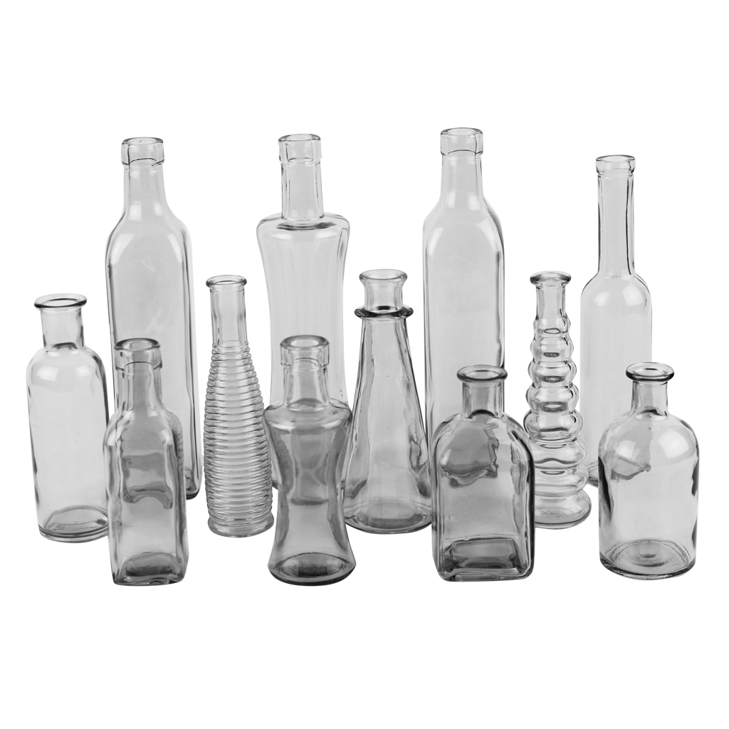 Shabby Chic Clear Vintage Glass Bottles Set - (5 Pack, Assorted Designs), Size: 5XL Bottle Set